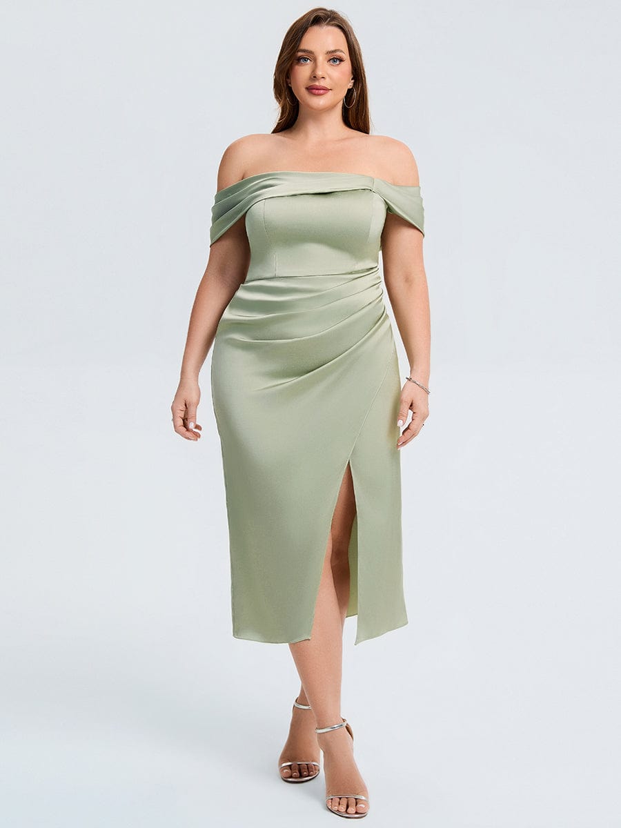 Plus Size Slit Satin Wedding Guest Dress #color_Sage Green