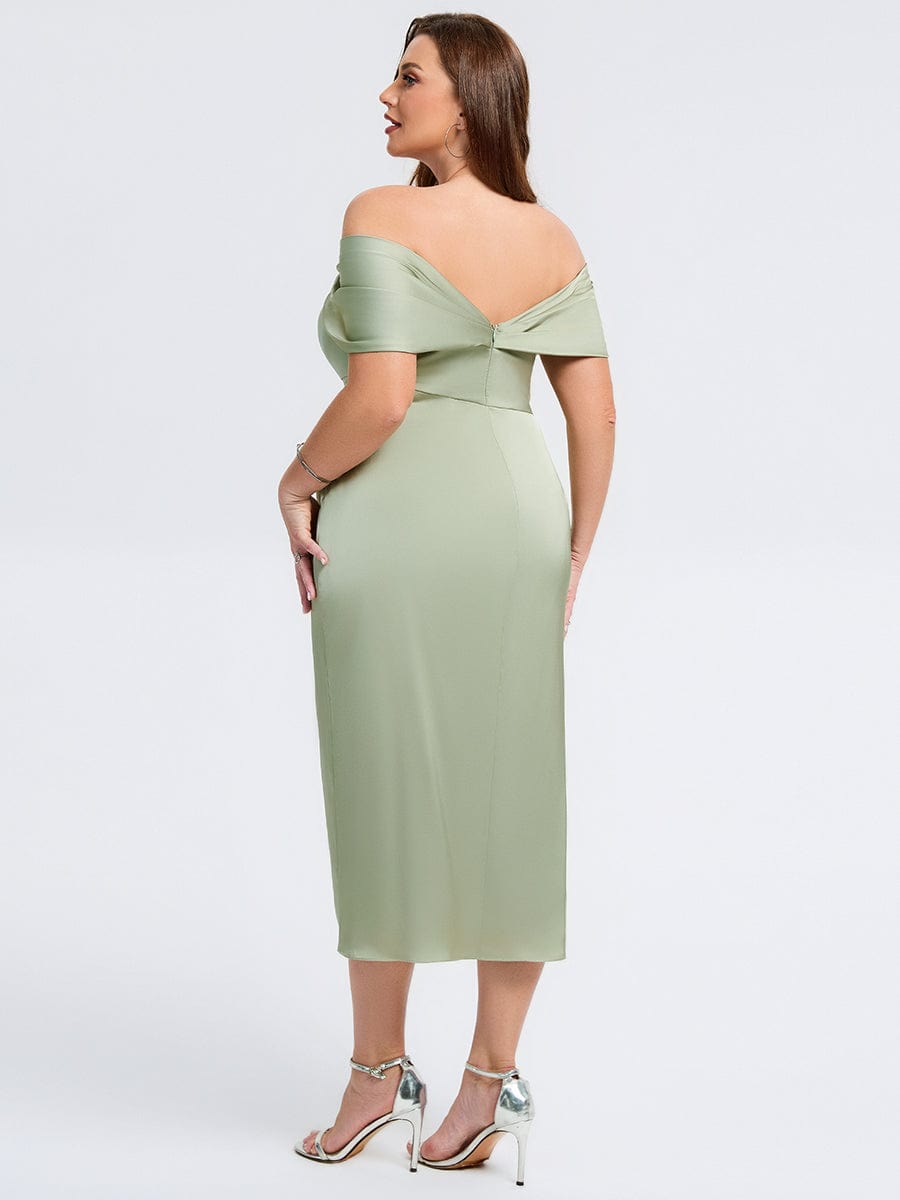 Plus Size Slit Satin Wedding Guest Dress #color_Sage Green