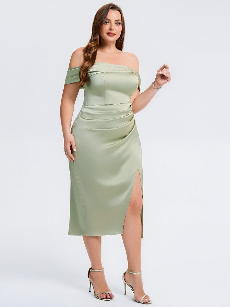 Plus Size Slit Satin Wedding Guest Dress #color_Sage Green