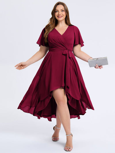 plus-size-tie-knot-high-low-wedding-guest-dress-eg02454 #color_Burgundy