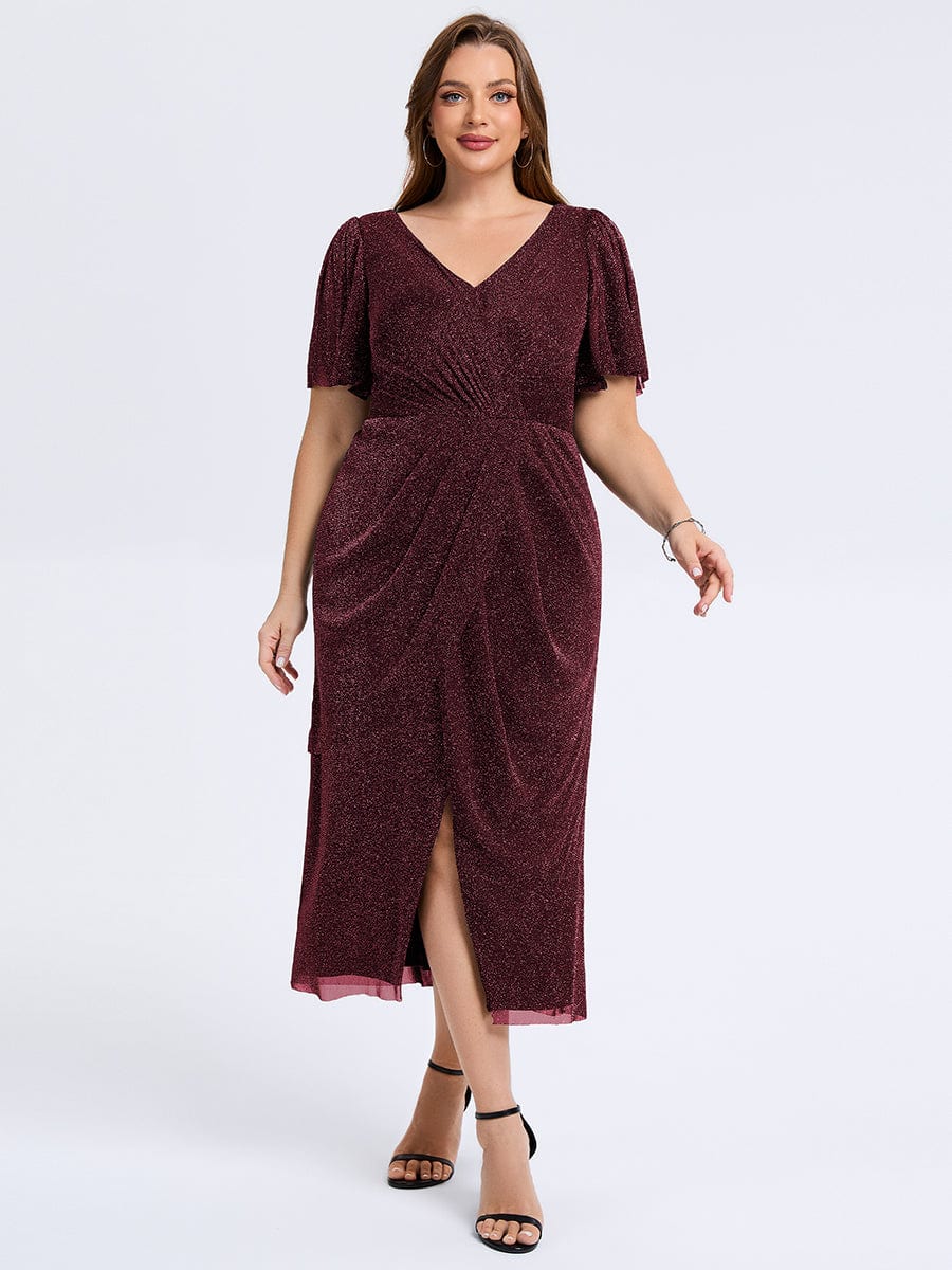 Plus Size Slit Mesh Wedding Guest Dress #color_Burgundy