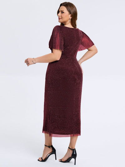 Plus Size Slit Mesh Wedding Guest Dress #color_Burgundy