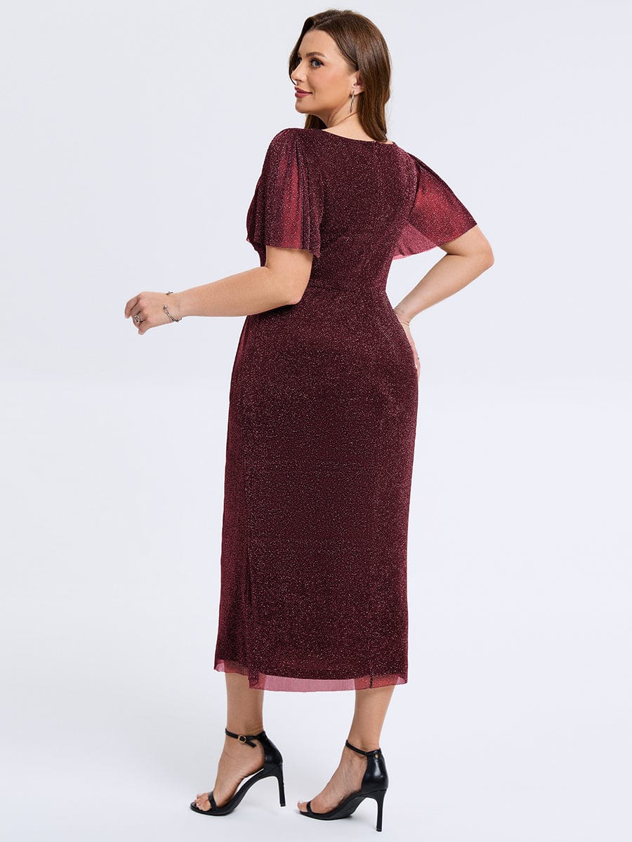 Plus Size Slit Mesh Wedding Guest Dress #color_Burgundy