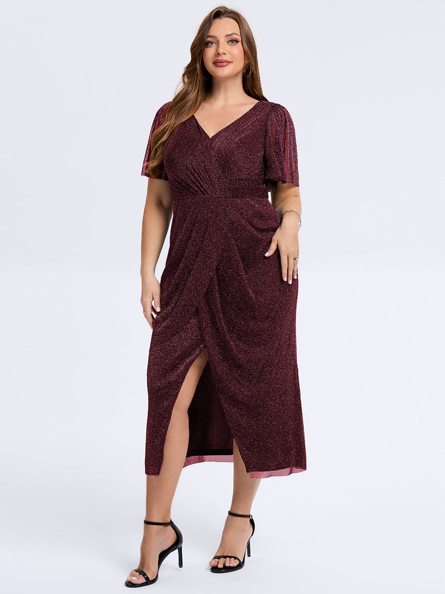 Plus Size Slit Mesh Wedding Guest Dress #color_Burgundy