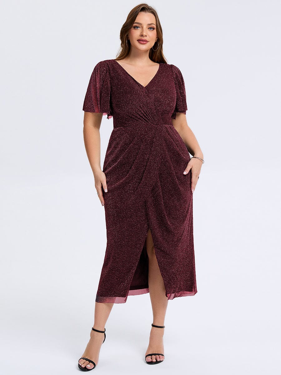 Plus Size Slit Mesh Wedding Guest Dress #color_Burgundy