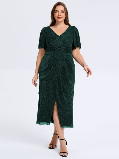 Plus Size Slit Mesh Wedding Guest Dress #color_Dark Green