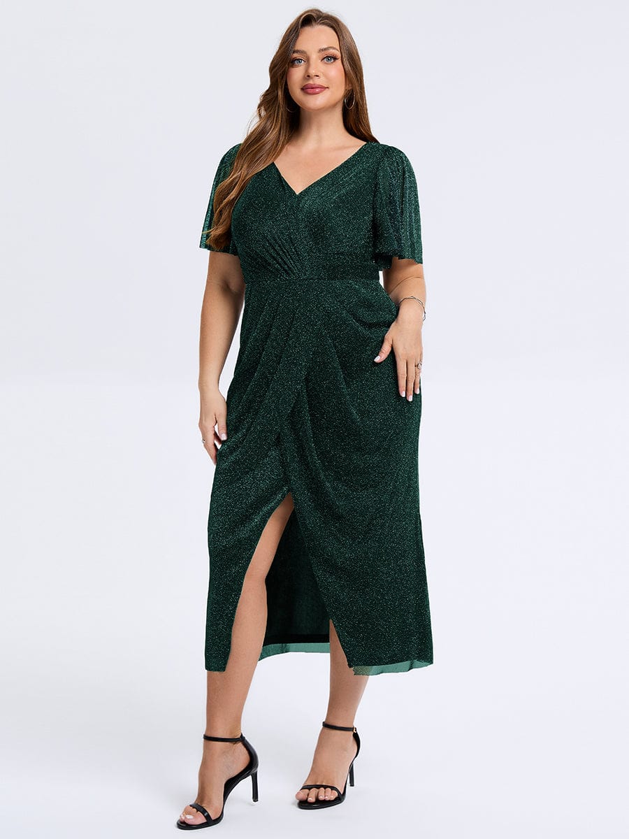 Plus Size Slit Mesh Wedding Guest Dress #color_Dark Green