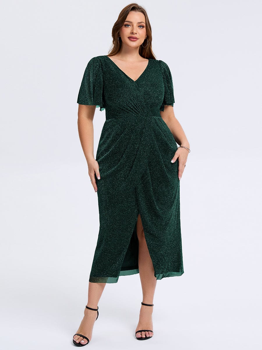 Plus Size Slit Mesh Wedding Guest Dress #color_Dark Green