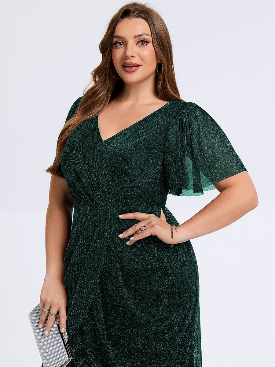 Plus Size Slit Mesh Wedding Guest Dress #color_Dark Green