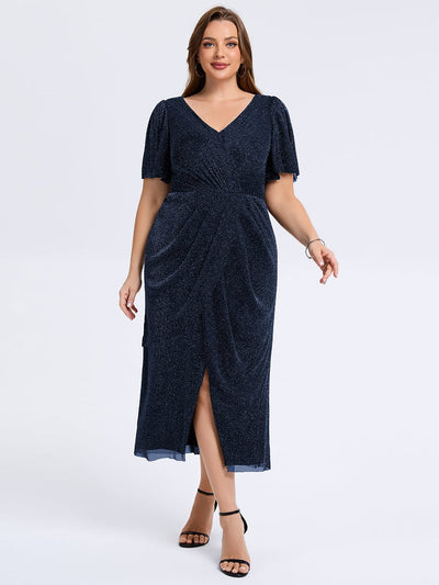 Plus Size Slit Mesh Wedding Guest Dress #color_Navy Blue