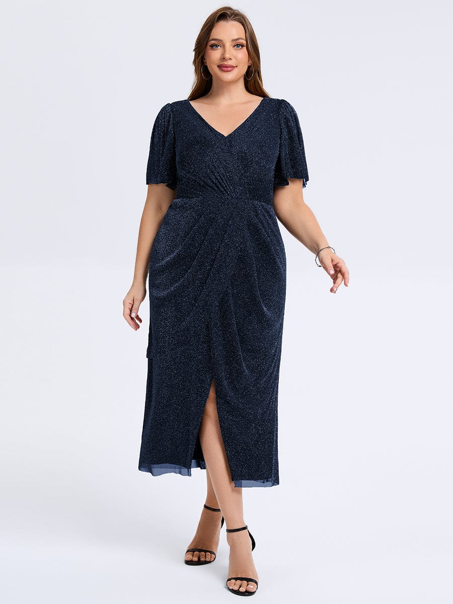 Plus Size Slit Mesh Wedding Guest Dress #color_Navy Blue