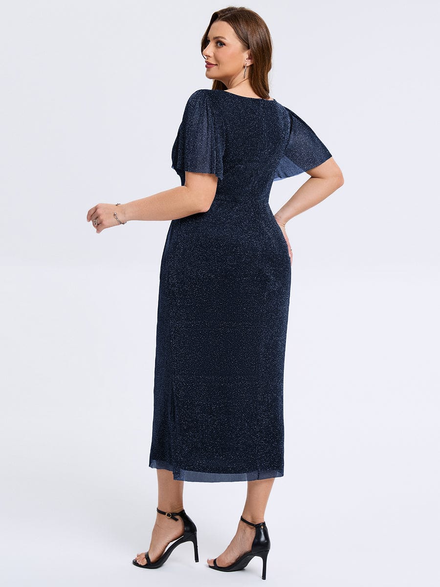 Plus Size Slit Mesh Wedding Guest Dress #color_Navy Blue