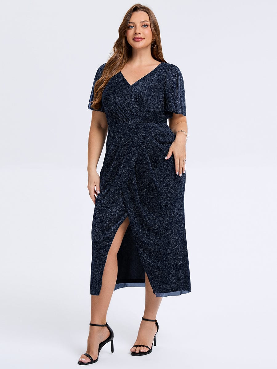Plus Size Slit Mesh Wedding Guest Dress #color_Navy Blue