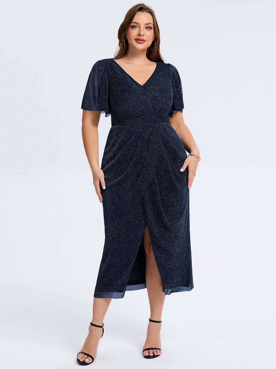 Plus Size Slit Mesh Wedding Guest Dress #color_Navy Blue