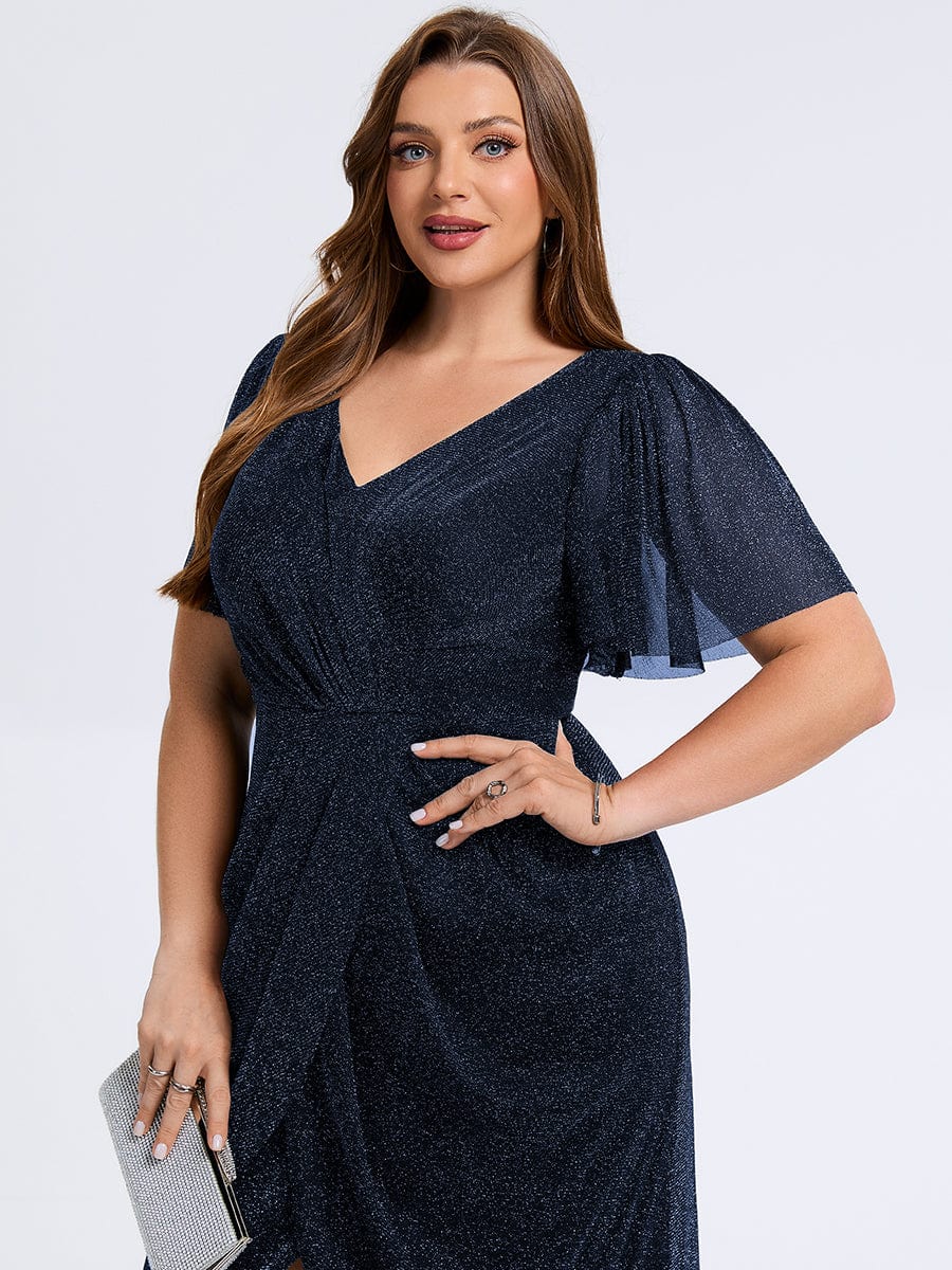 Plus Size Slit Mesh Wedding Guest Dress #color_Navy Blue