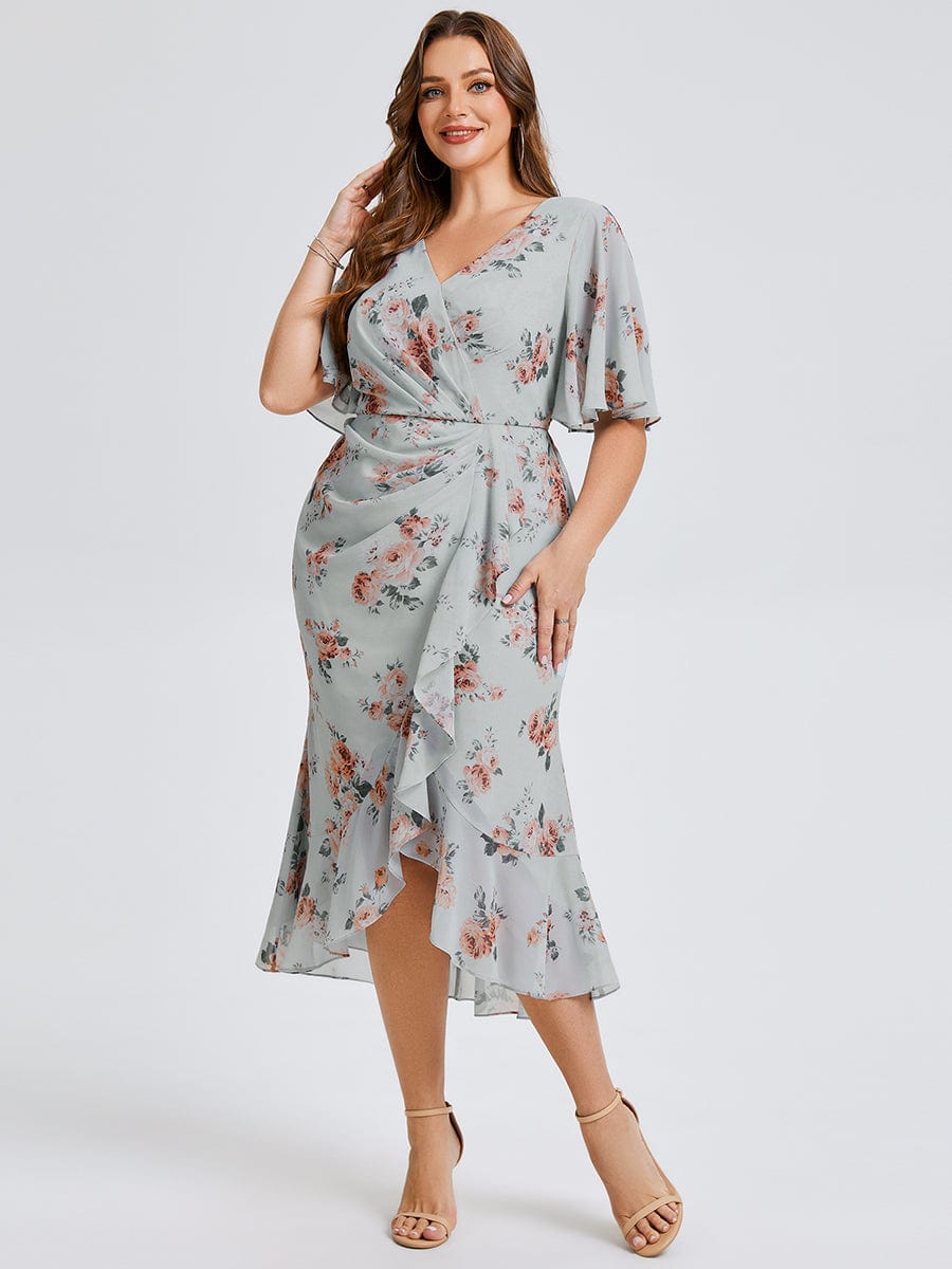 Plus Size Floral Chiffon Wedding Guest Dress #color_Amber Bloom