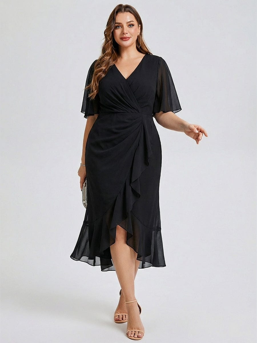 Plus Size Floral Chiffon Wedding Guest Dress #color_Black