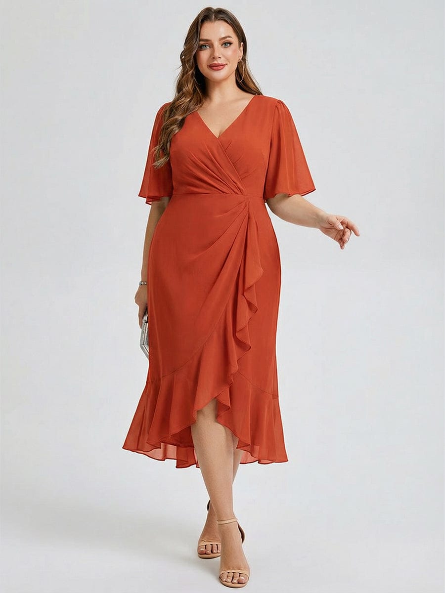 Plus Size Floral Chiffon Wedding Guest Dress #color_Burnt Orange