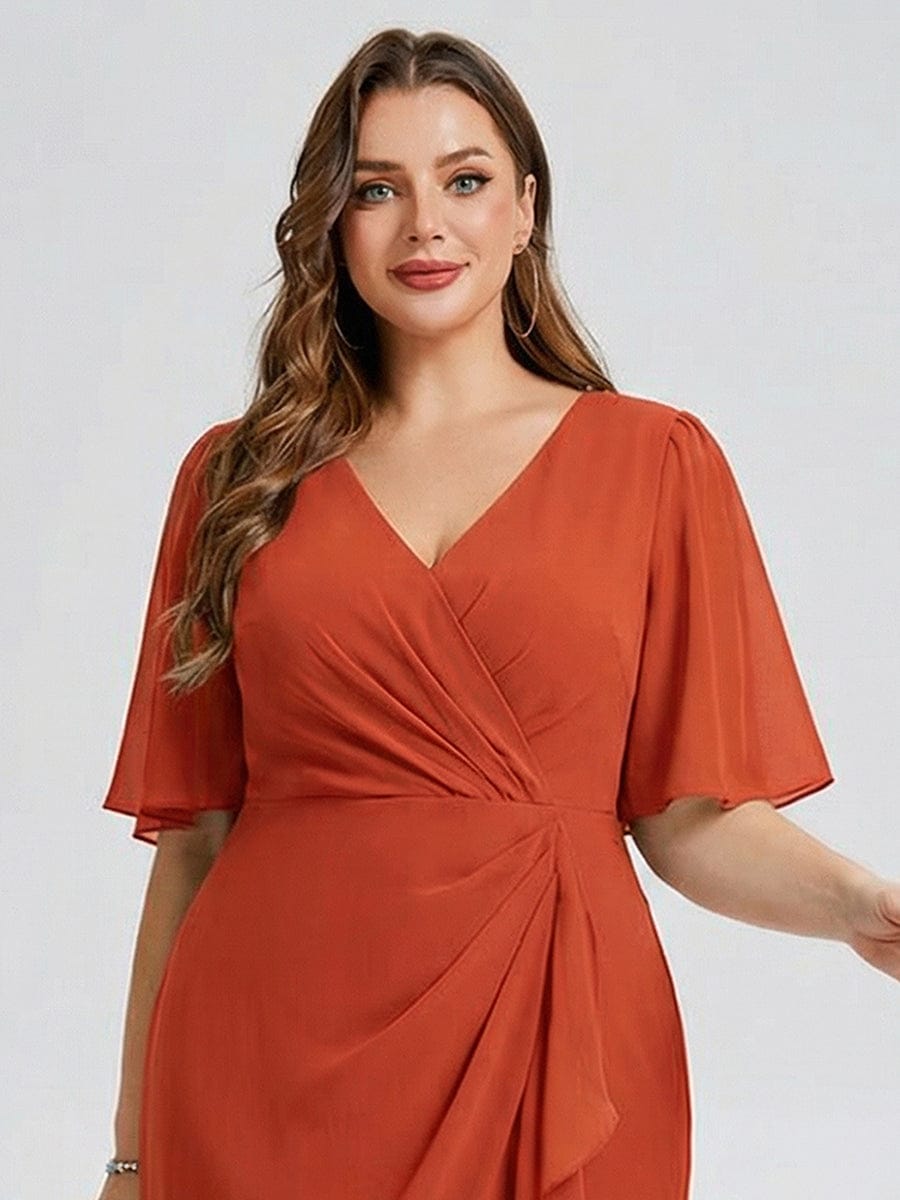 Plus Size Floral Chiffon Wedding Guest Dress #color_Burnt Orange