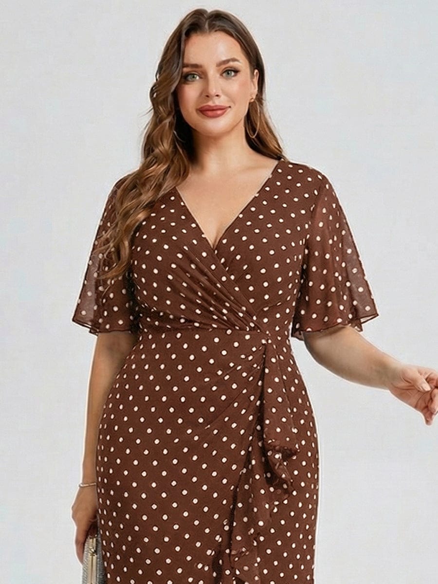 Plus Size Floral Chiffon Wedding Guest Dress #color_Brown Polka Dots