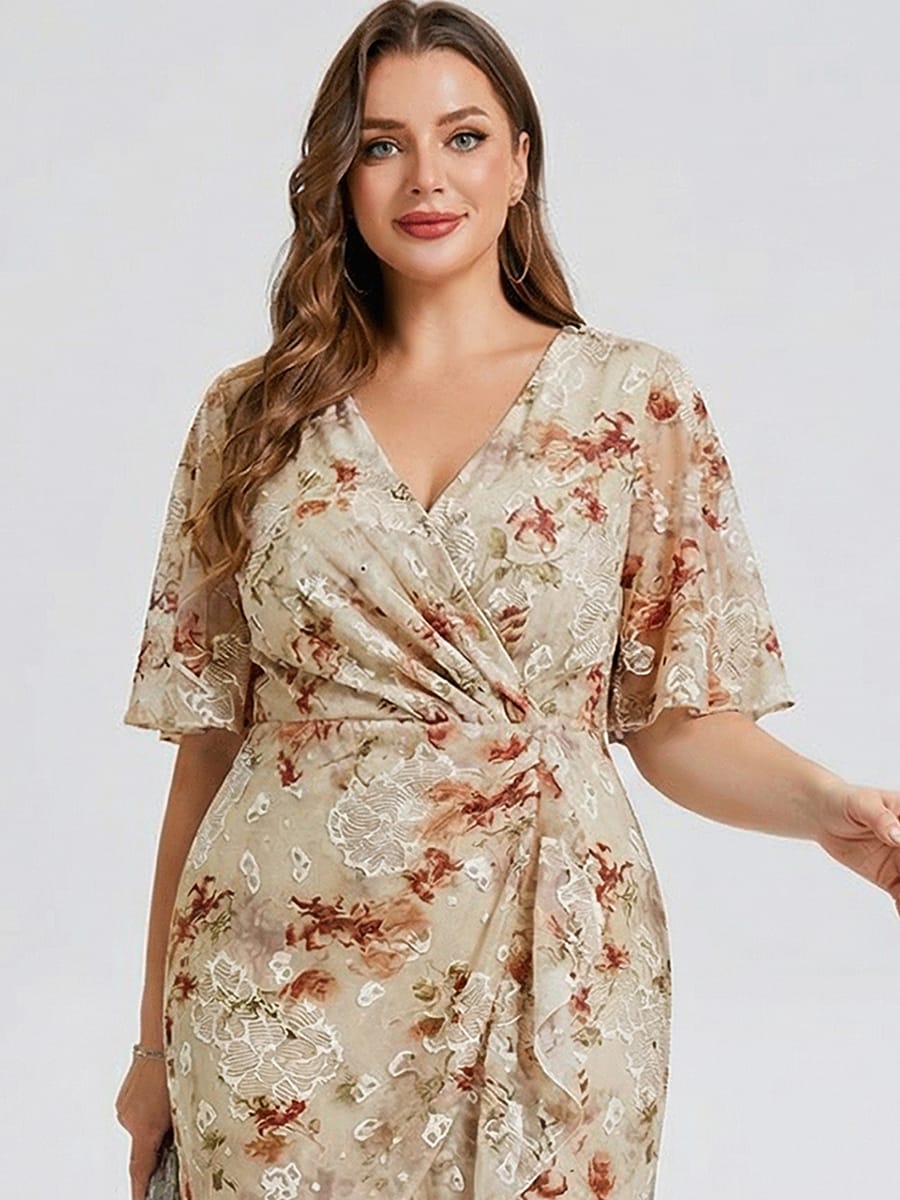Plus Size Floral Chiffon Wedding Guest Dress #color_Champagne Print
