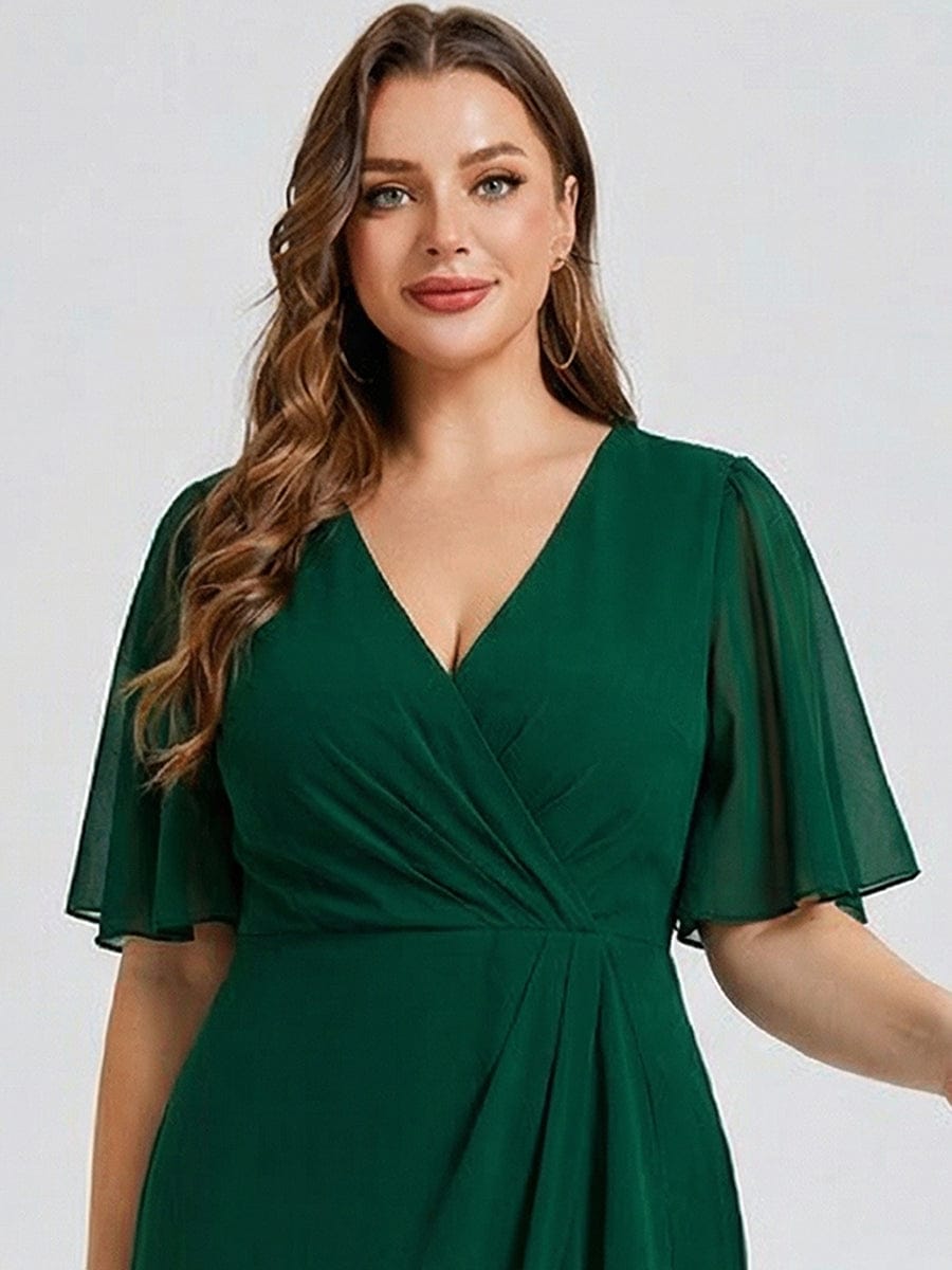 Plus Size Floral Chiffon Wedding Guest Dress #color_Dark Green