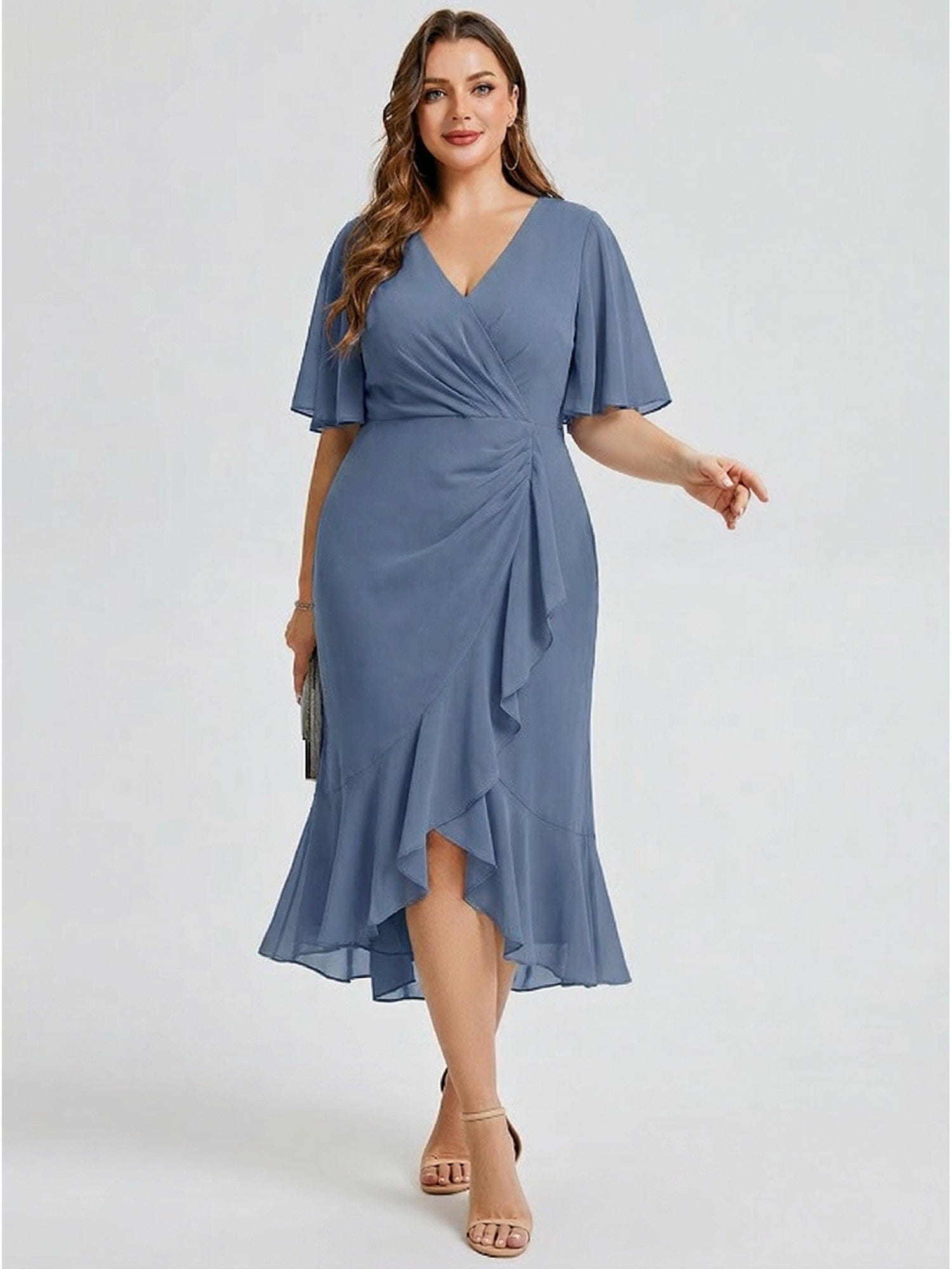 Plus Size Floral Chiffon Wedding Guest Dress #color_Dusty Blue