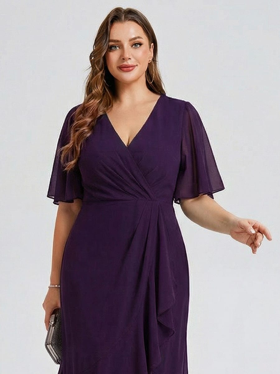 Plus Size Floral Chiffon Wedding Guest Dress #color_Dark Purple