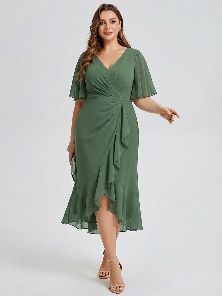 Plus Size Floral Chiffon Wedding Guest Dress #color_Eucalyptus Green
