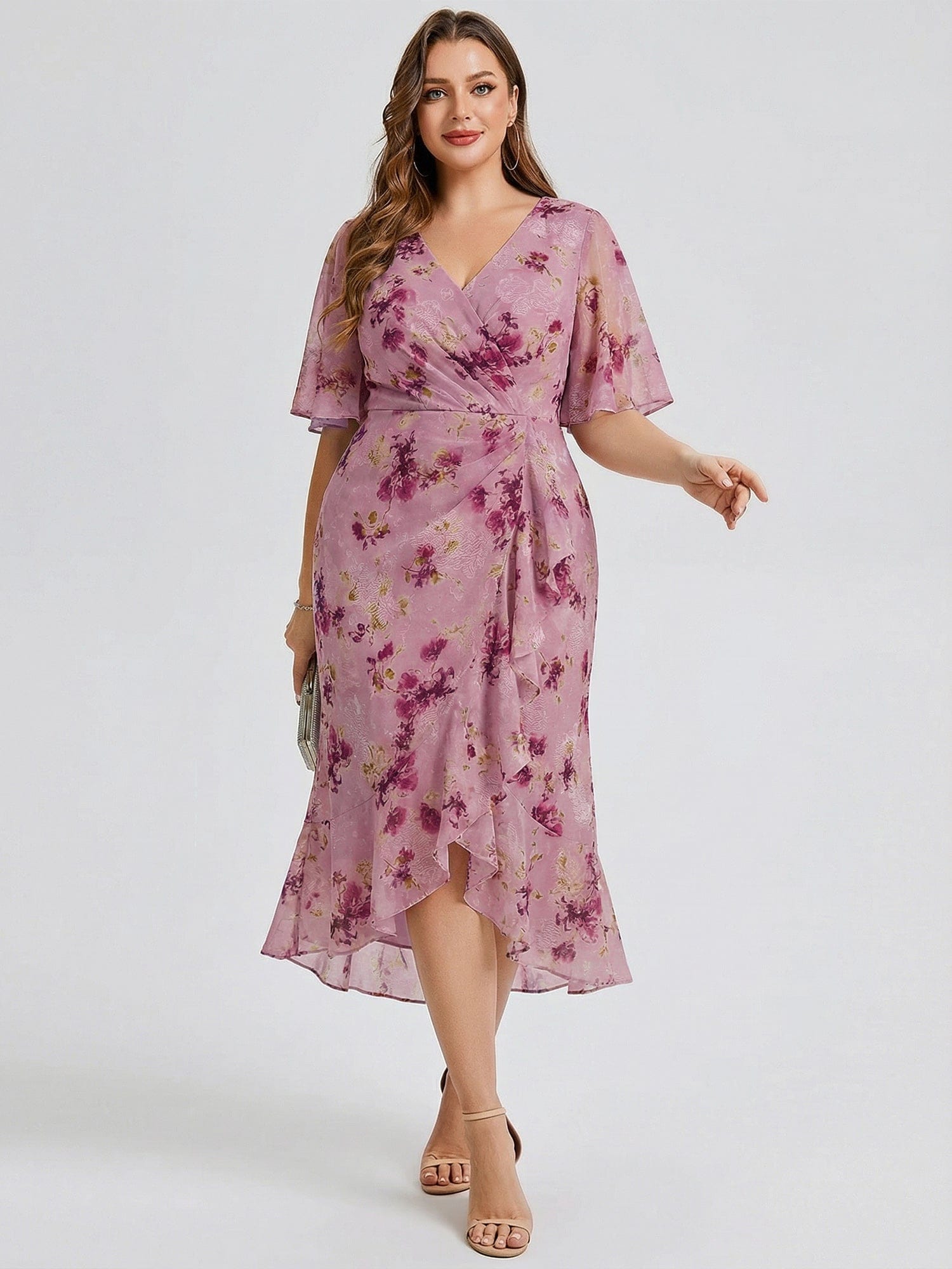 Plus Size Floral Chiffon Wedding Guest Dress #color_Light Purple Print