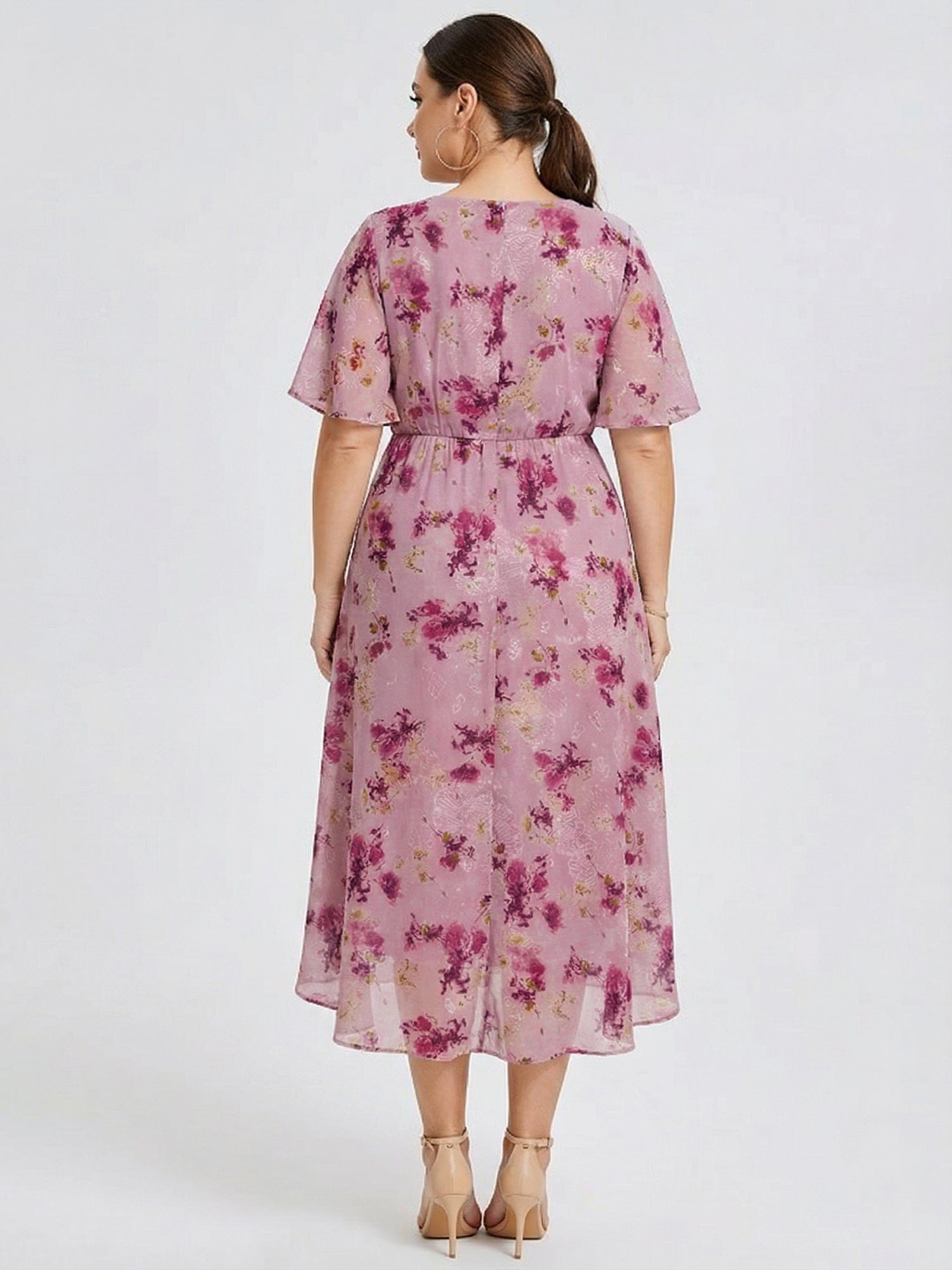 Plus Size Floral Chiffon Wedding Guest Dress #color_Light Purple Print