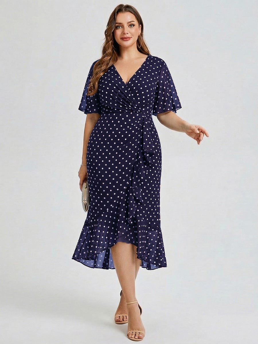 Plus Size Floral Chiffon Wedding Guest Dress #color_Navy Blue Polka Dots