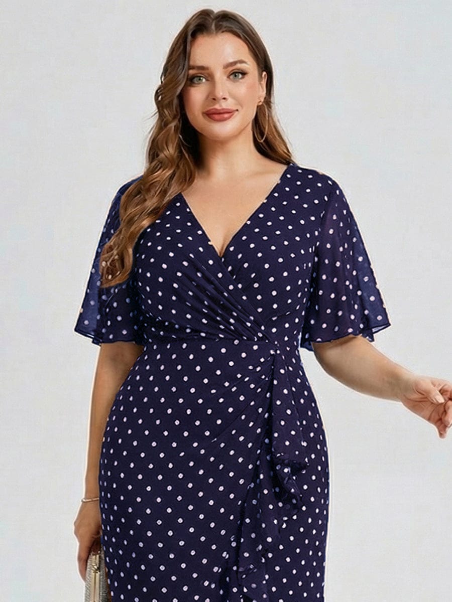 Plus Size Floral Chiffon Wedding Guest Dress #color_Navy Blue Polka Dots
