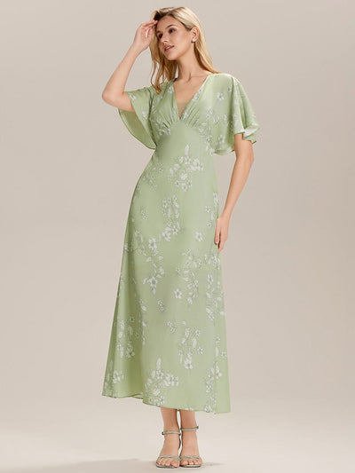 Floral Satin Drop Shoulder Sleeve Wedding Guest Dress #color_Vintage Primrose Celadon