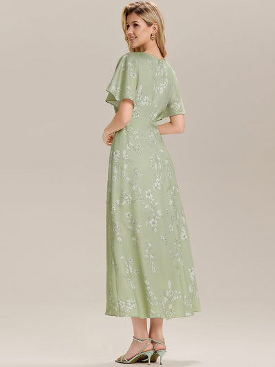 Floral Satin Drop Shoulder Sleeve Wedding Guest Dress #color_Vintage Primrose Celadon