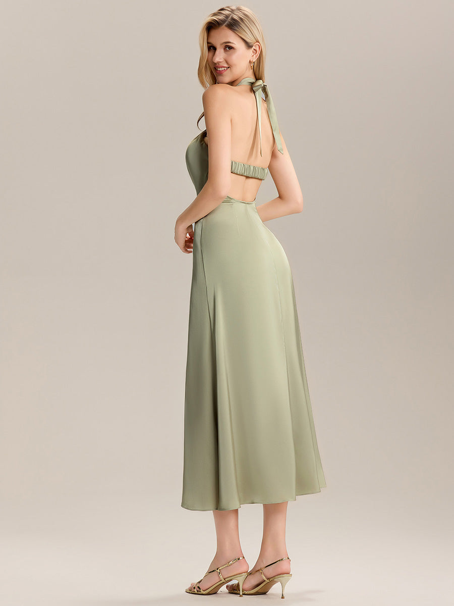 Backless Satin Sleeveless Wedding Guest Dress #color_Sage Green