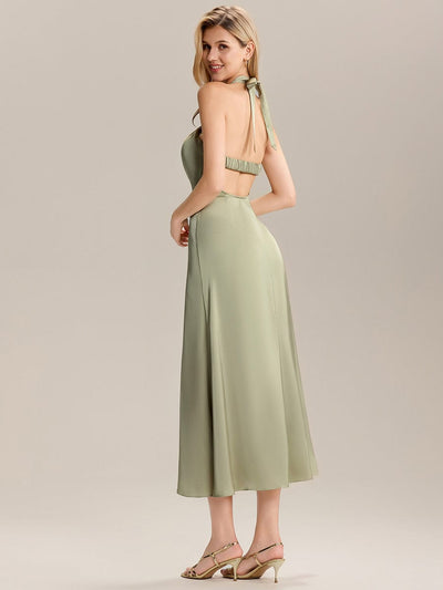 Backless Satin Sleeveless Wedding Guest Dress #color_Sage Green