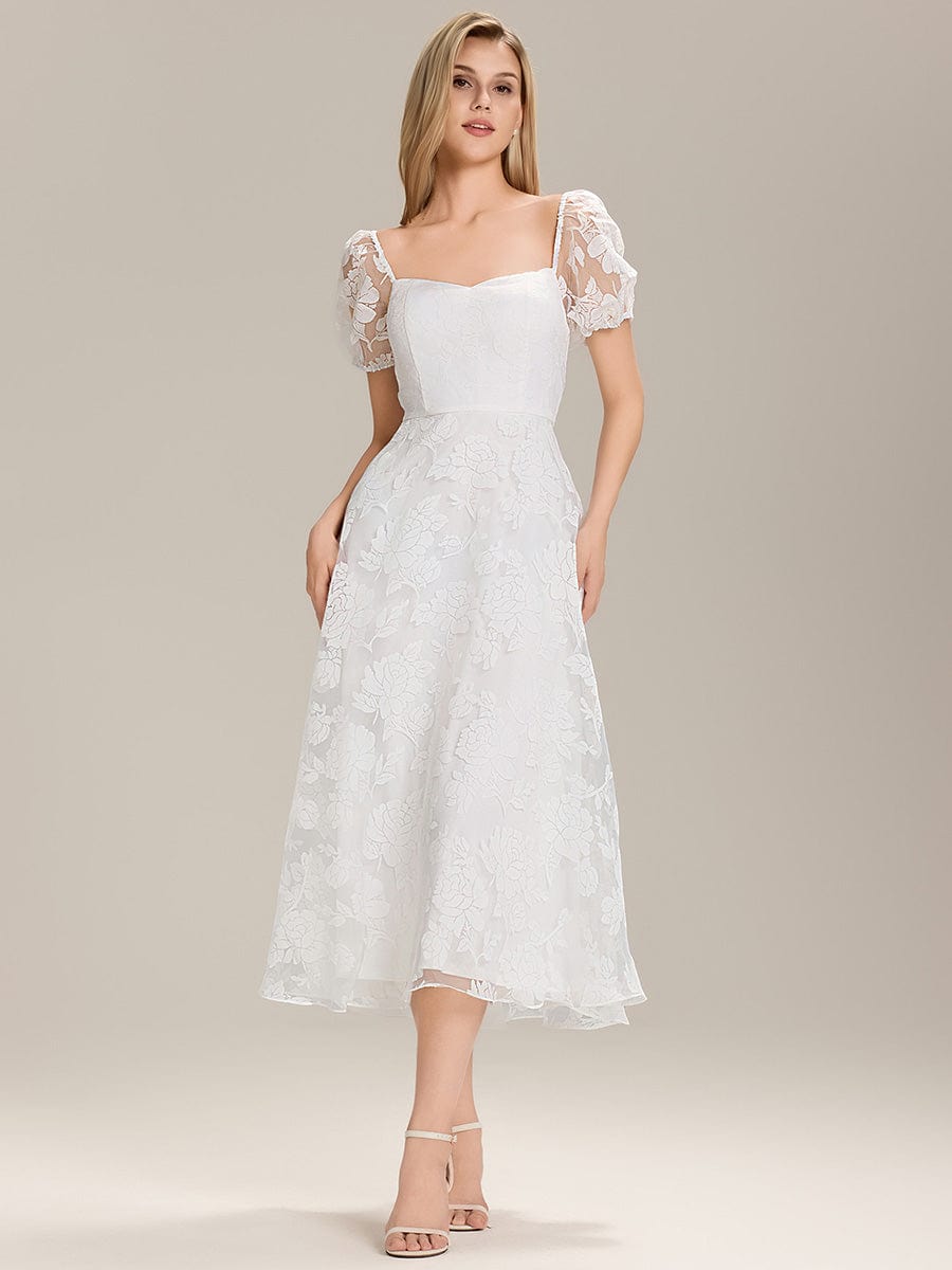 Puff Sleeve Chiffon Midi Dress with Floral Accents