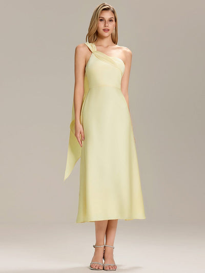Gathered Satin Sleeveless Wedding Guest Dress #color_Yellow