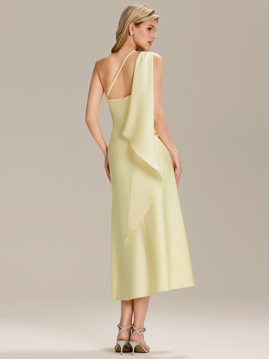 Gathered Satin Sleeveless Wedding Guest Dress #color_Yellow