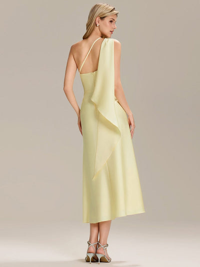 Gathered Satin Sleeveless Wedding Guest Dress #color_Yellow