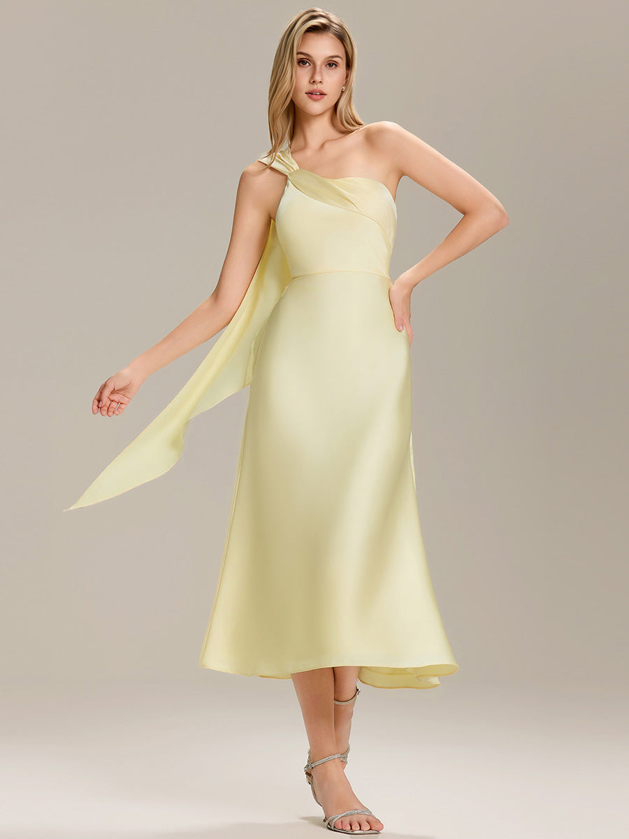 Gathered Satin Sleeveless Wedding Guest Dress #color_Yellow