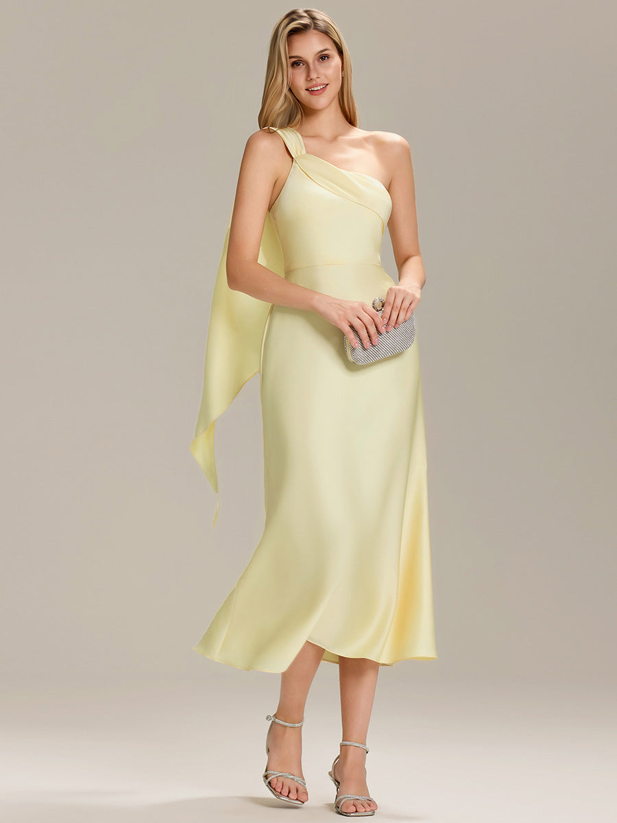 Gathered Satin Sleeveless Wedding Guest Dress #color_Yellow