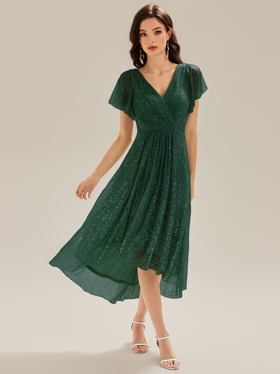 Pleated Diamond Linen Ruffle Sleeve Wedding Guest Dress #color_Dark Green
