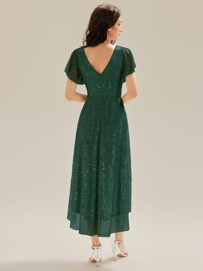 Pleated Diamond Linen Ruffle Sleeve Wedding Guest Dress #color_Dark Green