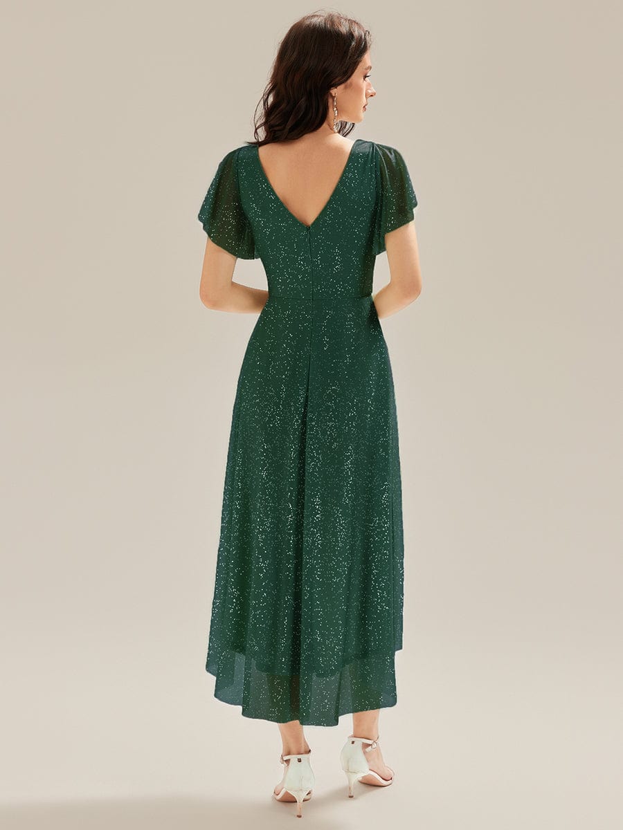 Pleated Diamond Linen Ruffle Sleeve Wedding Guest Dress #color_Dark Green