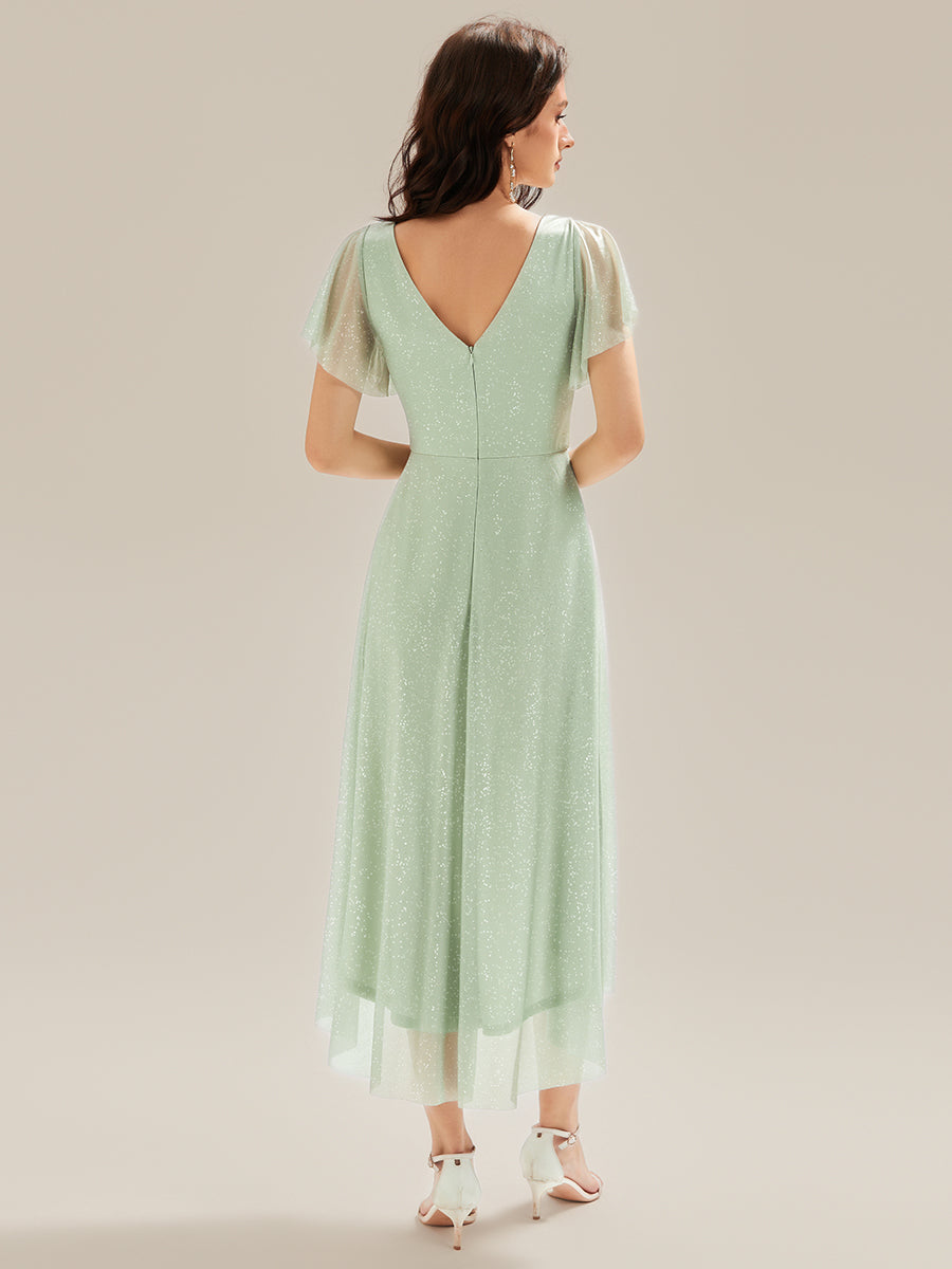Pleated Diamond Linen Ruffle Sleeve Wedding Guest Dress #color_Mint Green