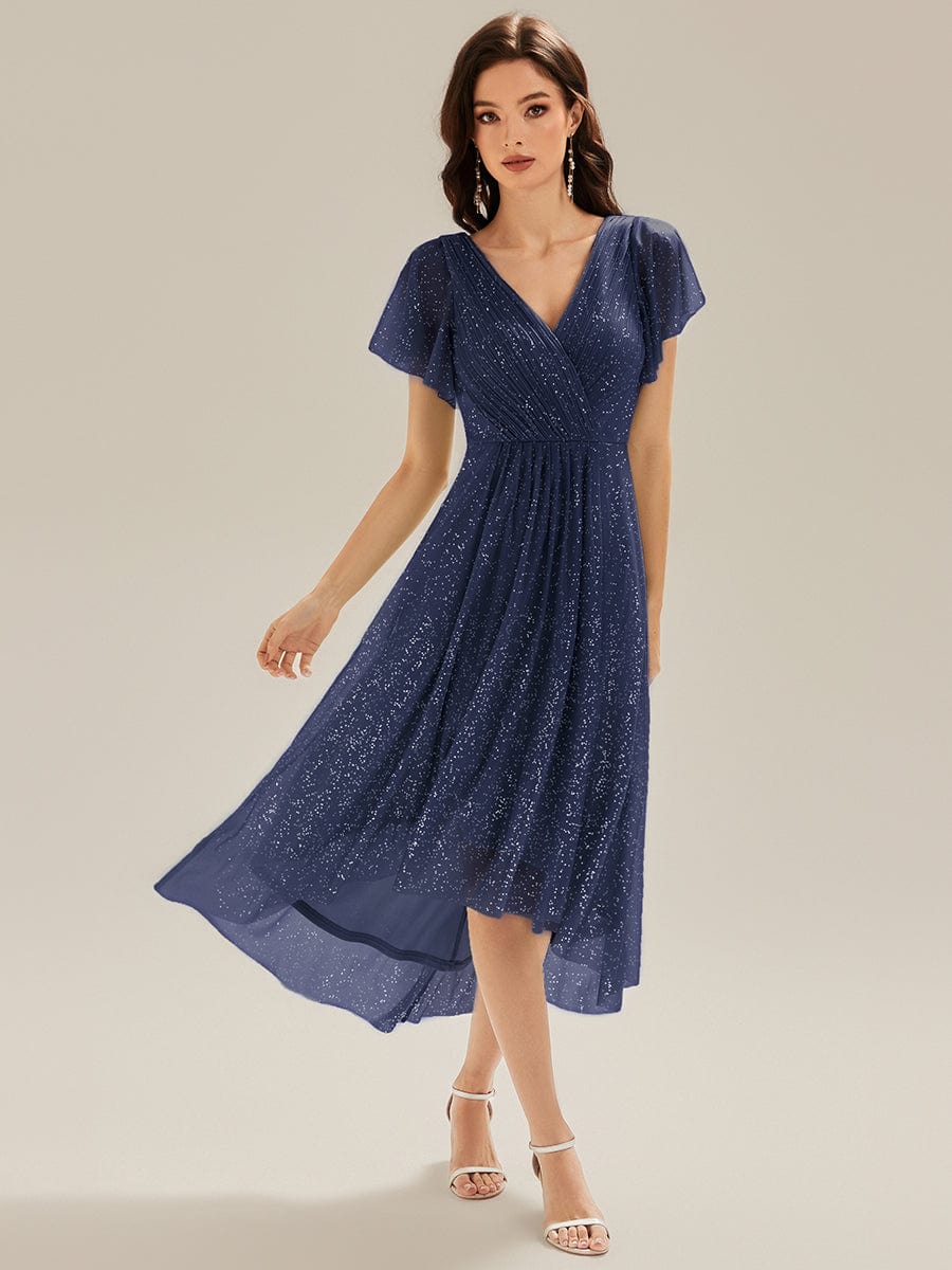 Pleated Diamond Linen Ruffle Sleeve Wedding Guest Dress #color_Navy Blue