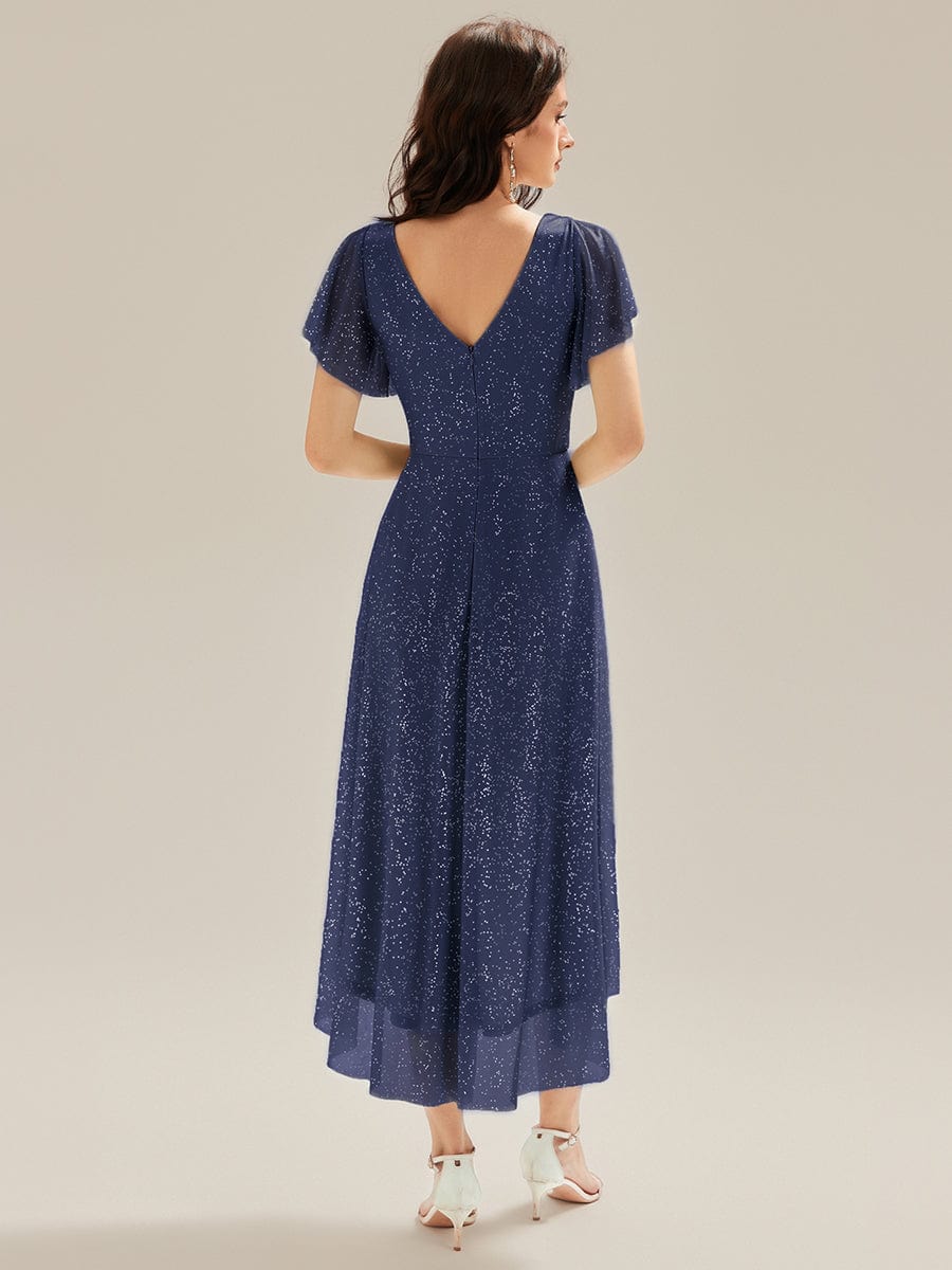 Pleated Diamond Linen Ruffle Sleeve Wedding Guest Dress #color_Navy Blue