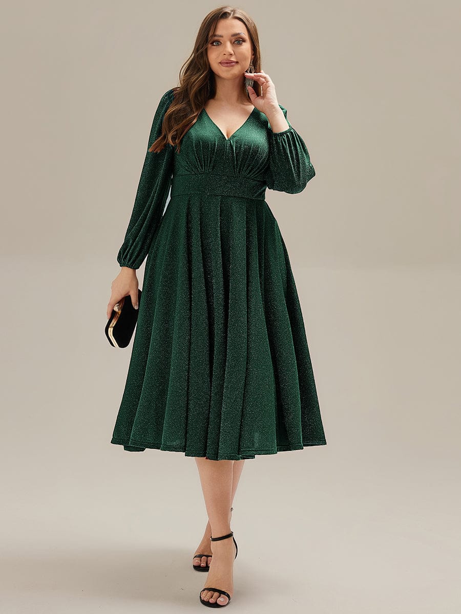 Knit Lantern Sleeve A-Line Wedding Guest Dress #color_Dark Green